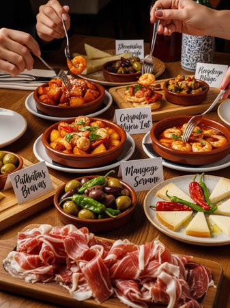 Traditional spanish tapas on a wooden table. Spanish tapas.の写真素材