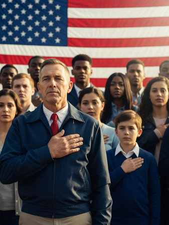Mature man standing in front of crowd of people with American flag