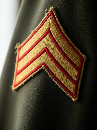 Close-up of a military uniform with a stitch on it.