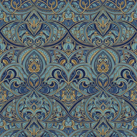 Seamless abstract hand-drawn pattern, waves and curls on a blue background
