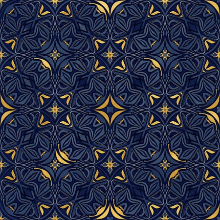 Seamless pattern with abstract ornament in blue and gold colors.