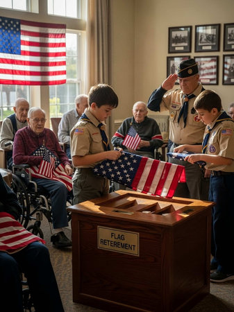 Unidentified children and adults participating in a flag retirement ceremony.
