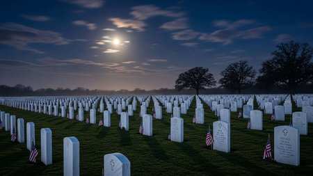 American military cemetery at night with starry sky and full moon.