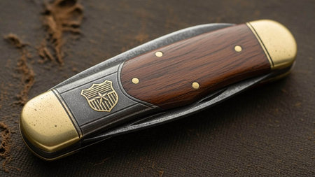 hunting knife with a wooden handle on a dark background closeup