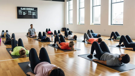 Group of diverse people practicing yoga in fitness studio with instructor in background