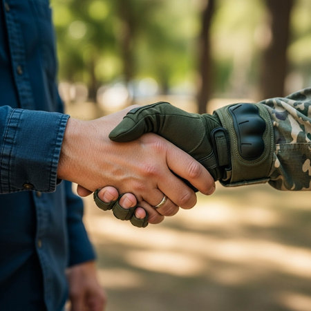 cropped shot of military man and woman shaking hands in park during training