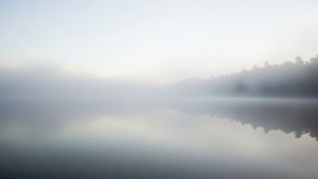 Foggy morning on the lake. Panoramic view.の写真素材