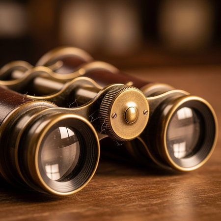 Binoculars on a wooden table in a pub or barの写真素材