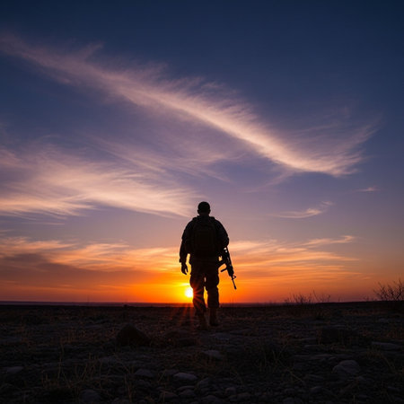 Silhouette of a soldier with a gun on sunset background.の写真素材