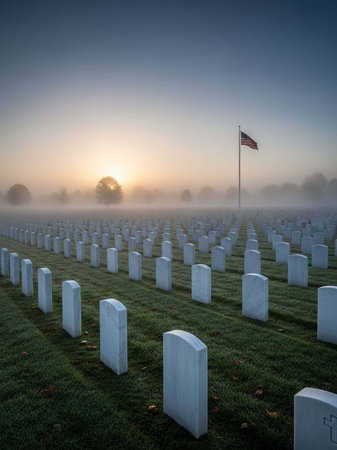 American Cemetery at Sunrise with American Flag in Foreground, USA.の写真素材