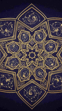 Illustration of Sacred Geometry Pattern on Dark Blue Night Sky Backgroundの写真素材