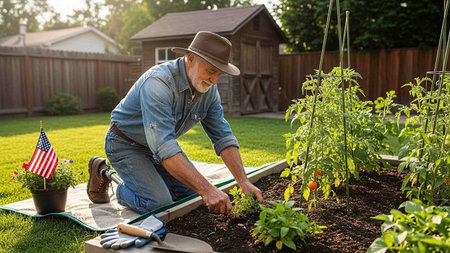 Senior man planting tomato seedlings in the garden on a sunny day