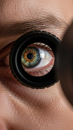 Close-up of a woman's eye with a magnifying glassの写真素材
