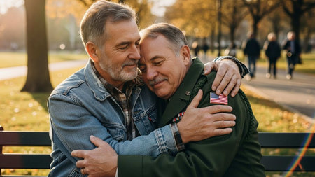 Senior couple sitting on a bench in the park and hugging each otherの写真素材