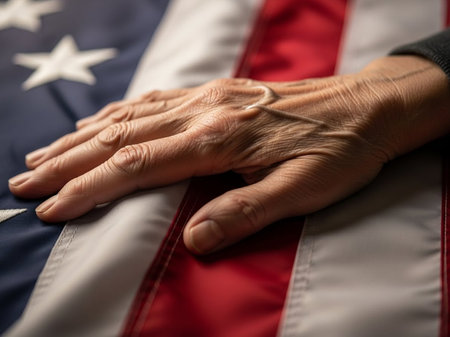 Closeup of hands of an old woman holding an American flag.の写真素材