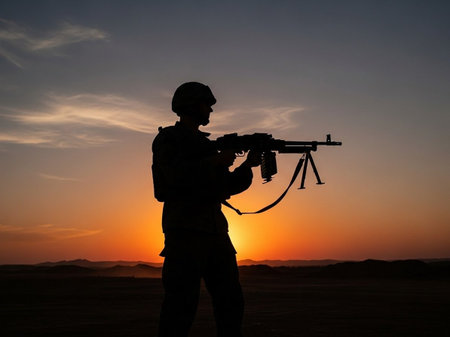 Silhouette of a soldier with assault rifle in the desert at sunsetの写真素材