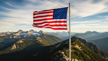 American flag waving in the wind on top of a mountain. 3D Renderingの写真素材