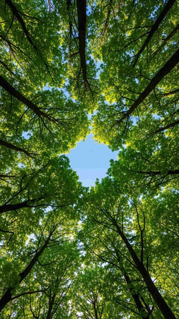 green forest trees view from below into the sky. nature green wood sunlight backgroundsの写真素材