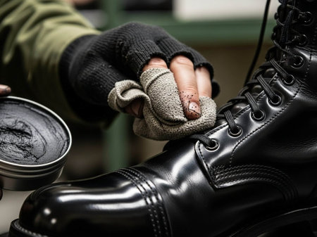 Hands of a man in black gloves cleaning a shoe with black polish