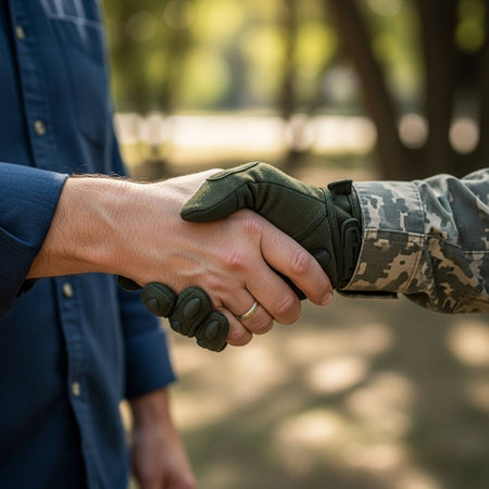 Close-up of soldier and military man shaking hands in the parkの写真素材