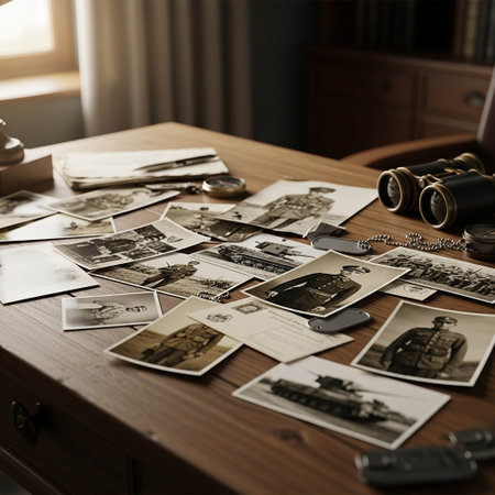 Vintage photo album on a wooden table, close-up.の写真素材