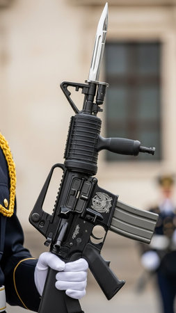 Soldier with a machine gun at the military parade in kyiv, Ukraine