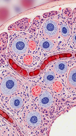 Cross section of the human pancreas. Histological sample of human pancreas.
