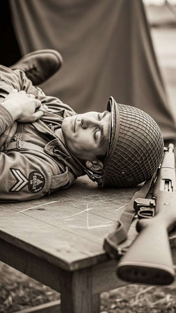 Member of Red Star military history club wears historical German uniform during historical...