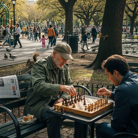 Two men playing chess outdoorsの写真素材