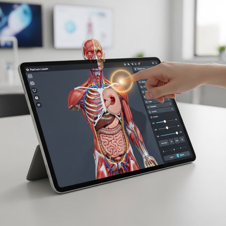 digital tablet with human body and chest on screen, medicine and healthcare concept