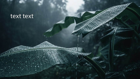 Banana leaf with water drops. Rainy day in the jungle.の写真素材