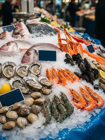 Fresh seafood on ice at the fish market in Istanbul, Turkey.の写真素材