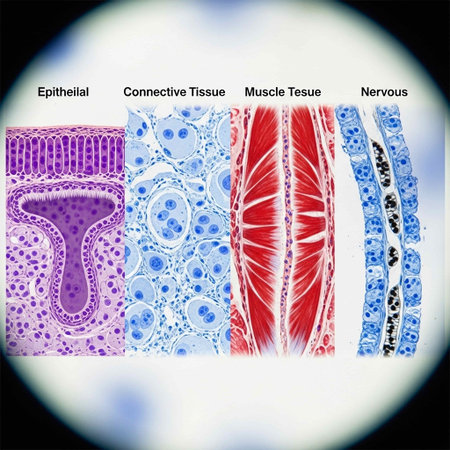 Microscopic view of various tissue types, including epithelial, connective, muscle, and nervous...
