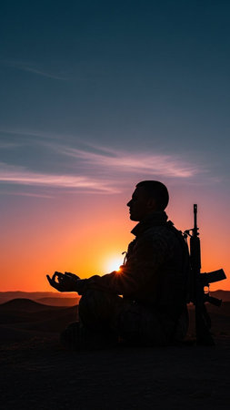 Silhouette of a soldier sitting in the middle of the desert at sunset