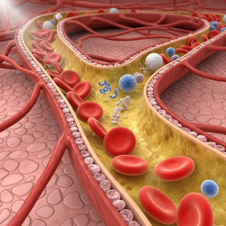 Human blood vessel with red blood cells. 3D illustration, medical conceptの写真素材