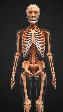 Human skeleton anatomy, 3D rendering, medical concept on black background