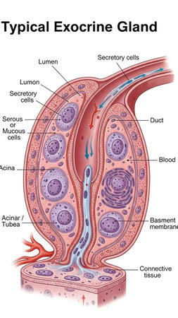 Diagram showing the structure of a human exocrine gland. Vector illustration