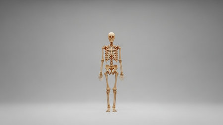 Human skeleton model on gray background. 3D rendering.の写真素材