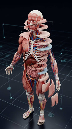 3D illustration of human body anatomy with neck, spine, lungs and other organsの写真素材