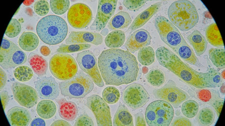 Cell division under microscope for education in laboratory. Histological samples for humans.