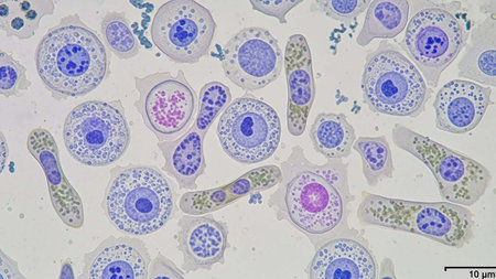 Histopathology of encephalitis in human under microscope view.