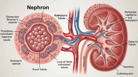 Illustration of a human kidney cross section showing the anatomy of the human kidneyの写真素材