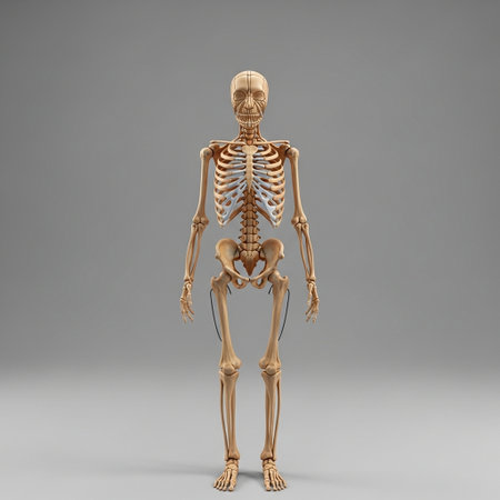 Human skeleton with bones on gray background. 3d render illustration.の写真素材
