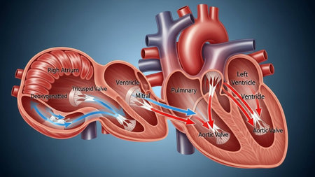 Human heart anatomy on a blue background. 3d rendering medical illustration