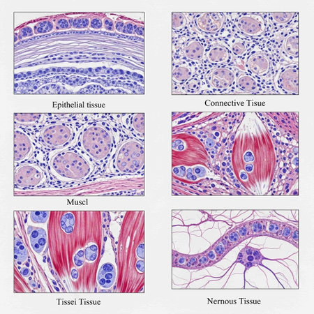 Illustrations of different types of tissues: epithelial, connective, muscle, and nervous tissue.の写真素材