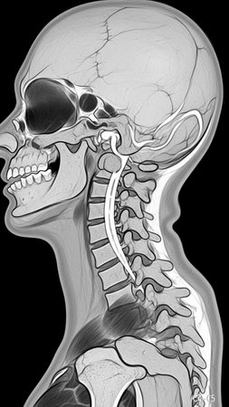 X-Ray image of the human skeleton with skull and teeth.の写真素材