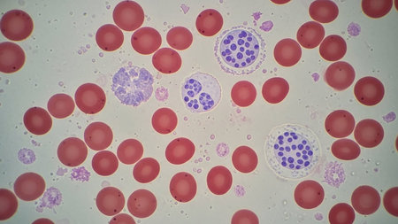 Blood smear with red blood cells and white blood cells under microscope view.の写真素材