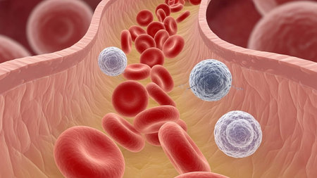 Blood cells in human body, 3D illustration showing red blood cells and white blood cellsの写真素材