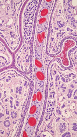 Histopathology of muscle tissue under microscope view. Histological sample of human body.の写真素材