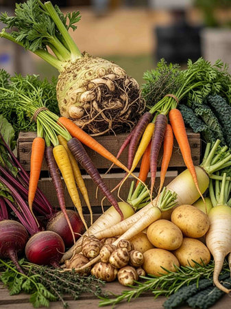 Harvested vegetables in a wooden box on a rustic backgroundの写真素材